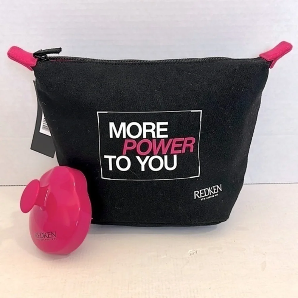 Redken Black and Pink Cosmetic Bag with matching hair and scalp massager NWT